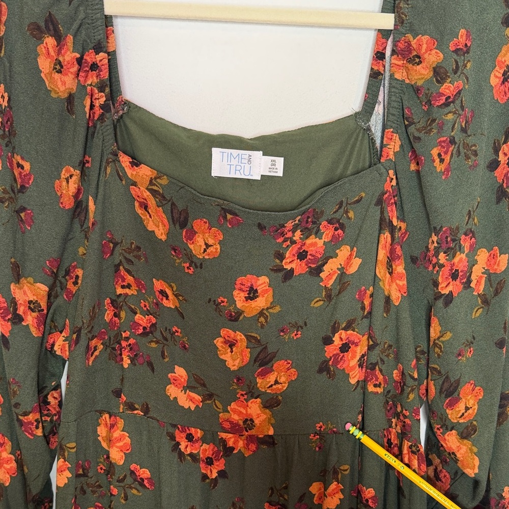 Time and Tru Green Floral Square Neck Midi Dress With Pockets Size XXL - Picture 9 of 16